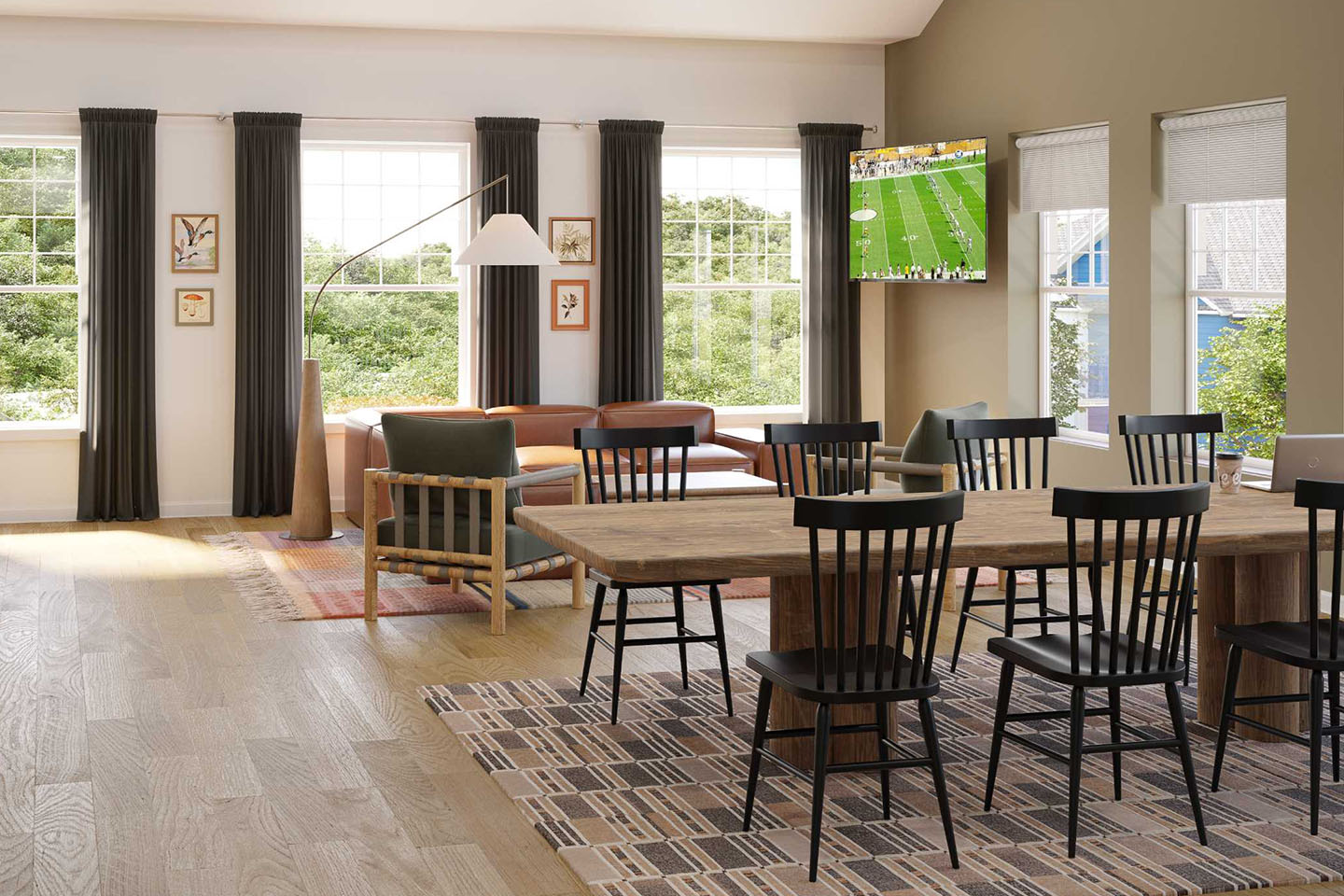 Study room with various types of seating and a TV.